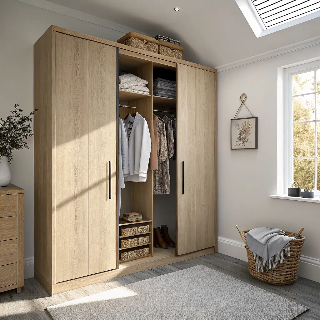 Narrow pale oak shallow wardrobe beside a slim clothing rail with neutral shirts and cream coat, in a tiny Japandi bedroom with soft morning light.