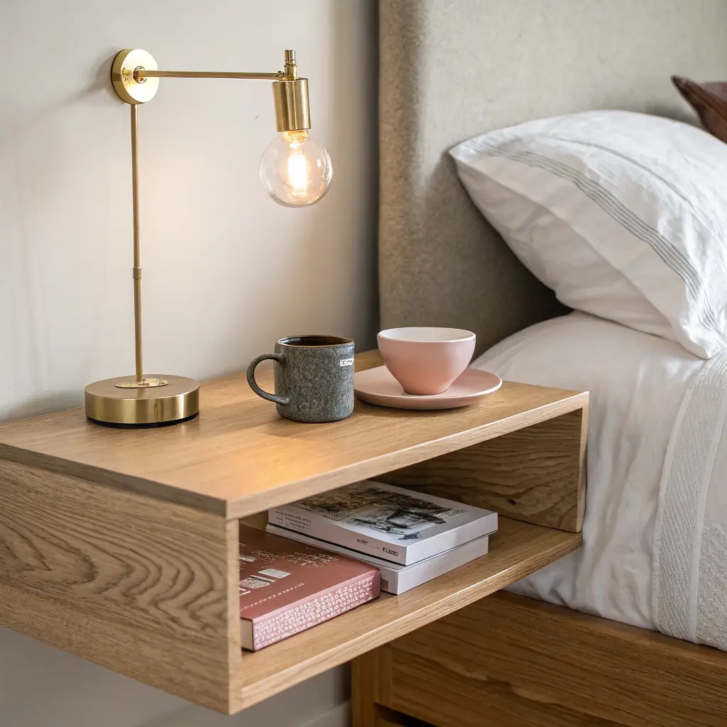 Close-up of a floating light-oak wall shelf used as a bedside table, holding a blush ceramic cup and paperback beneath a brass wall sconce over a warm white linen duvet.
