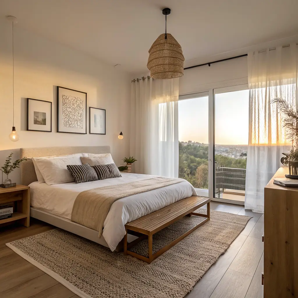 Photorealistic 7x9 bedroom in golden-hour light with off-white walls, light oak bed and rug, and charcoal accents in a Scandi-Japandi style.