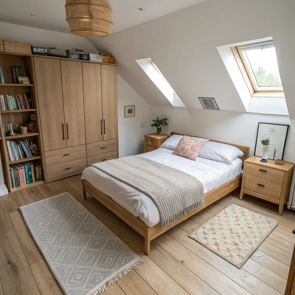 Overhead angled flat lay of a tiny bedroom layout with a light-oak bed on a jute rug, pale oak wardrobe, shelf with books and ceramic, and faint painter’s tape on the floor in soft daylight.