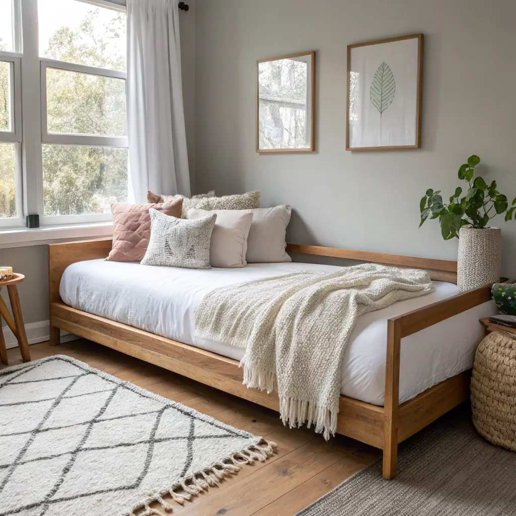 Photorealistic Scandi-Japandi daybed in a tiny bedroom with light oak frame, white linens, blush cushion, cream knit throw, and jute rug in soft midday window light.