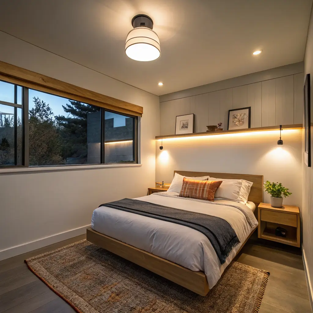 Cozy tiny bedroom at dusk with flush-mount ceiling light, brass wall sconces, and LED backlit oak shelf over the bed, warm white linen, charcoal cushion, jute rug, and indigo sky through sheer curtains.