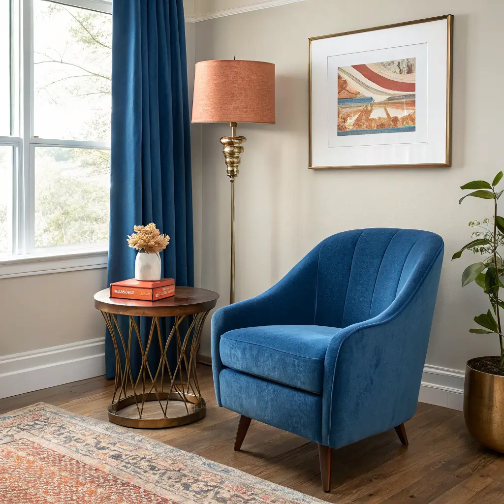 Modern living room corner with mushroom walls, cobalt velvet chair, walnut side table with rust lamp and mustard book, and abstract art, lit by late-afternoon sidelight.