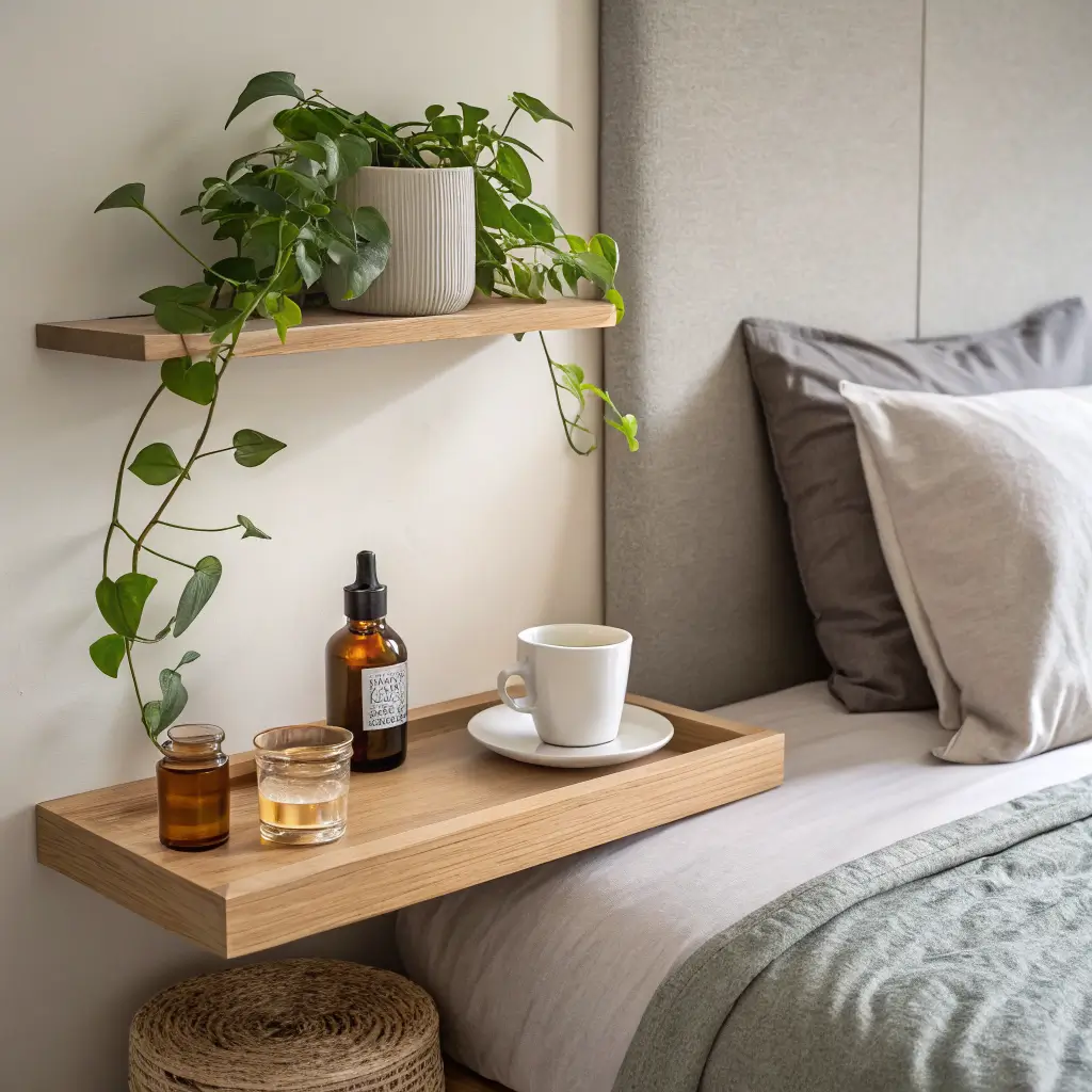 Minimal Japandi bedroom with a floating shelf above a low bed, holding an oak tray with a white ceramic cup and amber bottle plus a trailing pothos, in soft morning light.