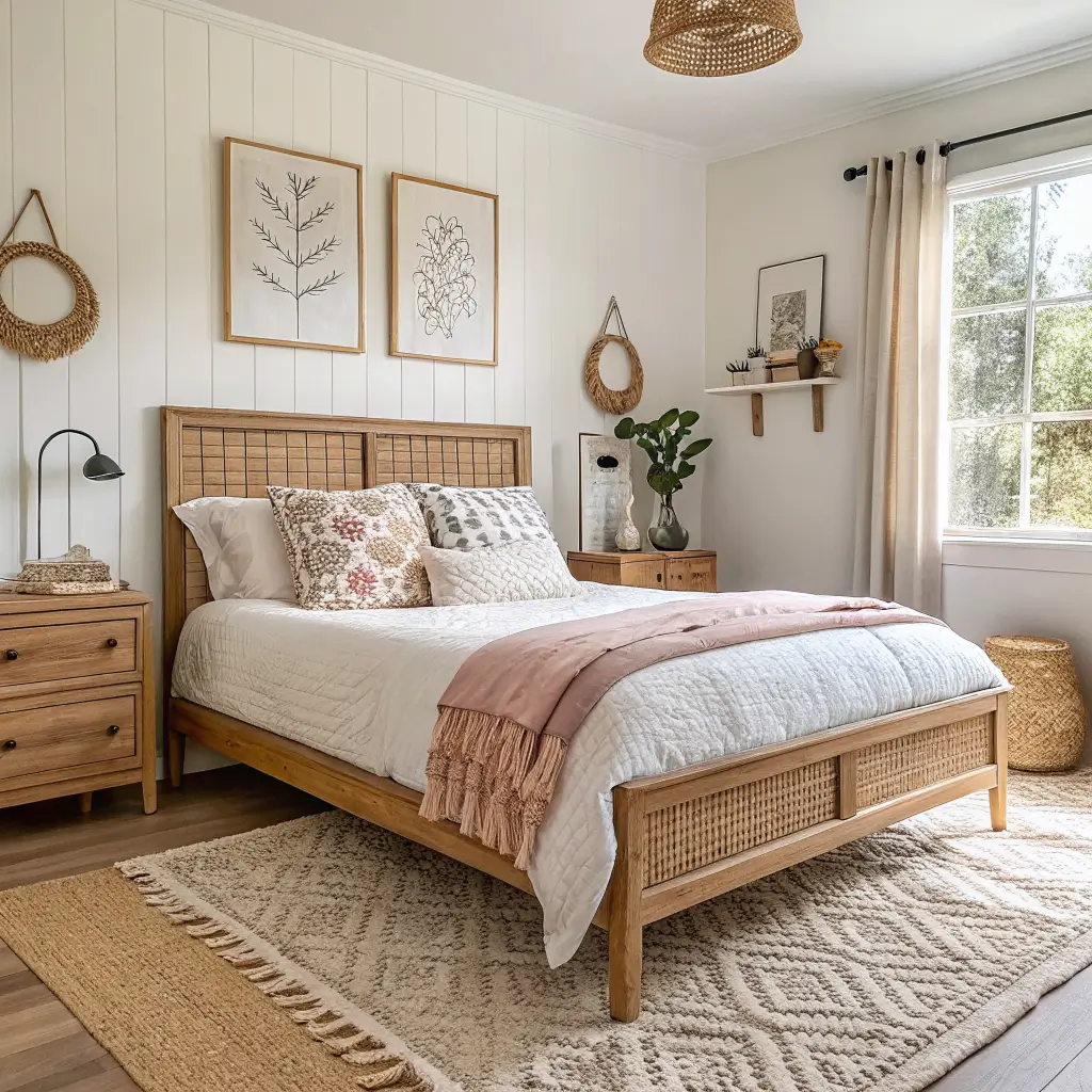 Boho-Scandi tiny bedroom with a low light-oak bed, woven rattan headboard, warm white linen duvet, blush and cream patterned cushions, jute rug, and pale oak slat wallpaper in soft afternoon light.