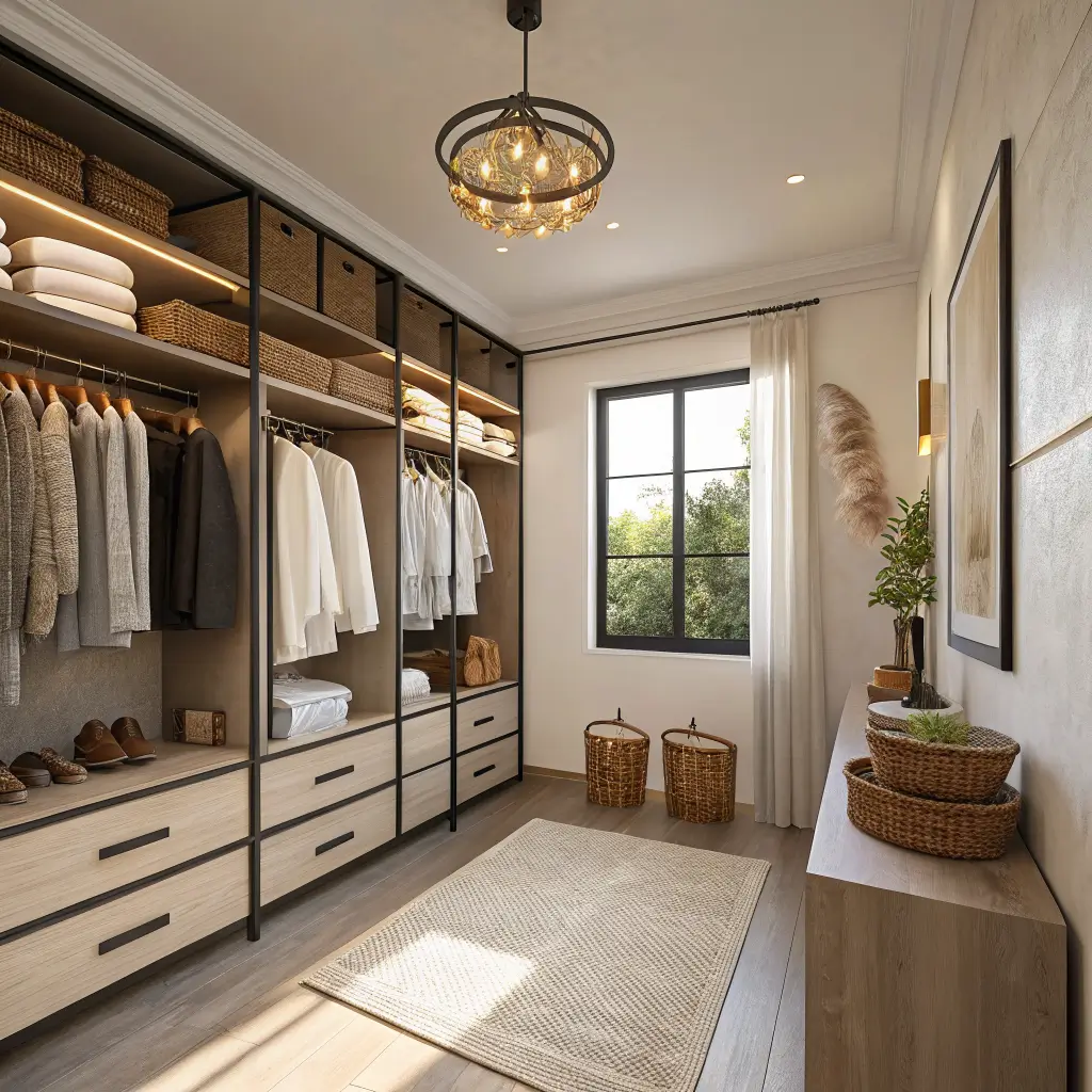 Photorealistic boutique-style walk-in closet with off-white walls, light oak shelving, black hanging rods with blouses, seagrass baskets, linen stool, and antique brass mirror in warm golden-hour light.
