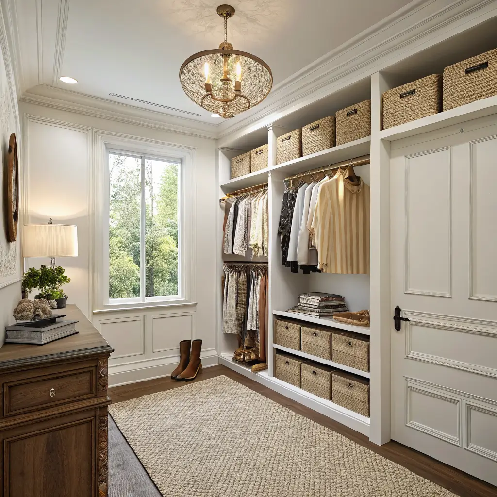 Low-angle photorealistic view of a small walk-in closet with crown molding, off-white walls, light oak floating shelves, black double-hang rods, walnut hangers with white shirts and camel trousers, seagrass bins, and a brass sconce lit by morning window light.