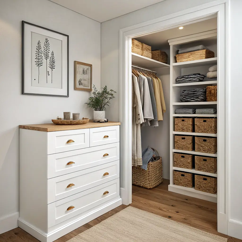Photorealistic walk-in closet with a shallow white six-drawer dresser and oak counter, brass cup pulls, open oak shelves with seagrass baskets, herringbone oak floor, and a black-framed leaning mirror reflecting hanging clothes.
