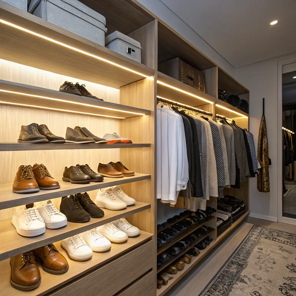 Custom light oak shoe shelving in a 4x4 walk-in closet with loafers, white sneakers, black ankle boots, and suede mules under warm brass evening lighting.