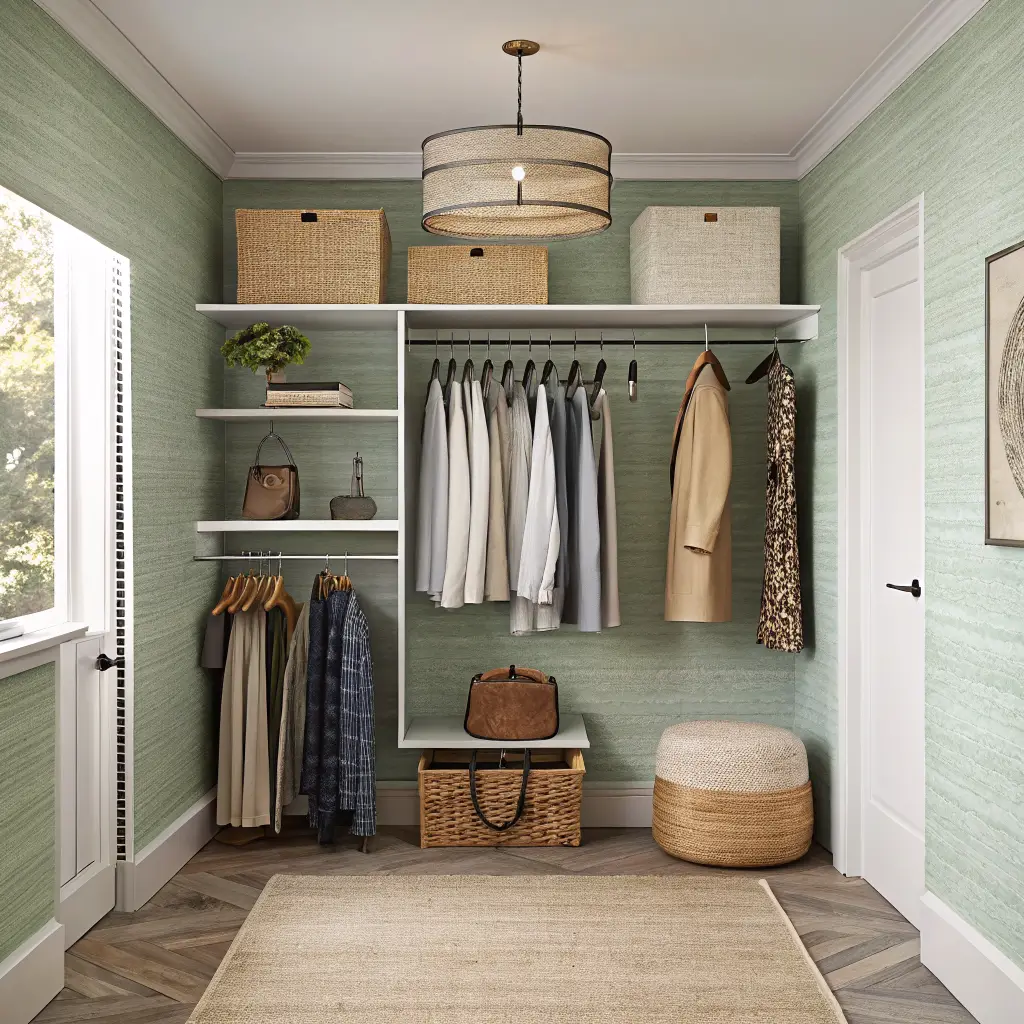 Straight-on view into a 4x5 walk-in closet with sage grasscloth accent wall, oak shelves, black double-hang rods with garments, brass pendant light, seagrass baskets, and an oak stool on an oatmeal runner.