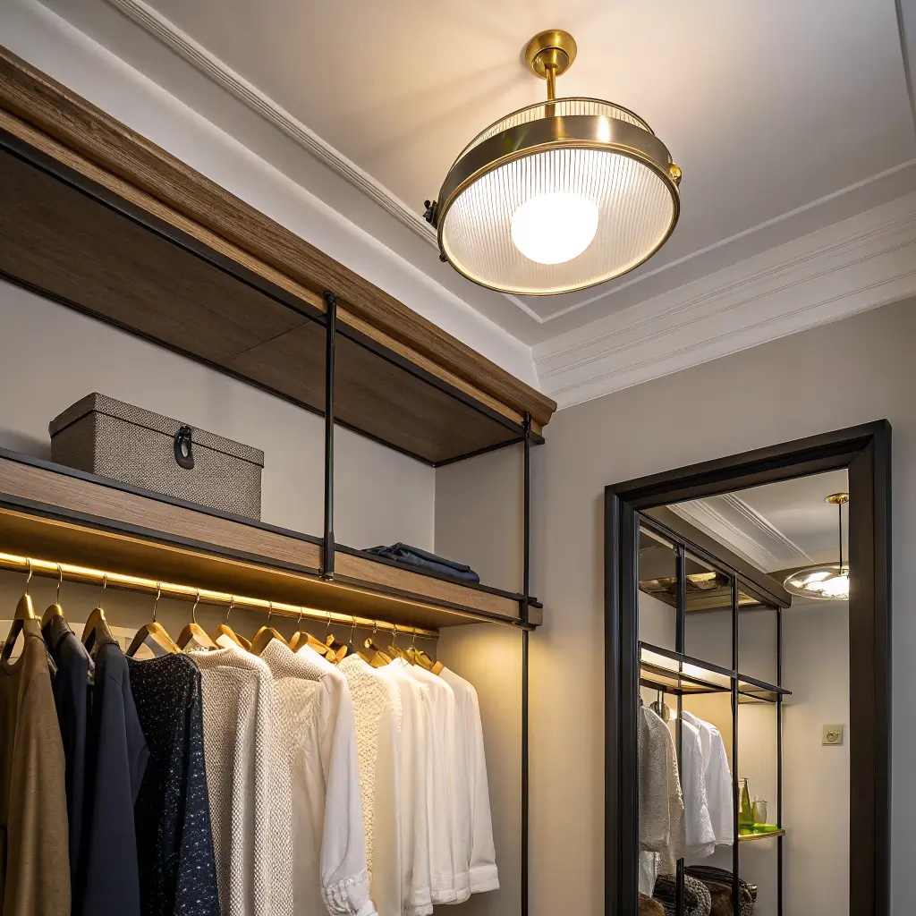 Upward view inside a small walk-in closet at dusk, showing a warm brass ceiling globe light and a cool LED strip under an oak shelf illuminating blouses and a leaning black-framed mirror.
