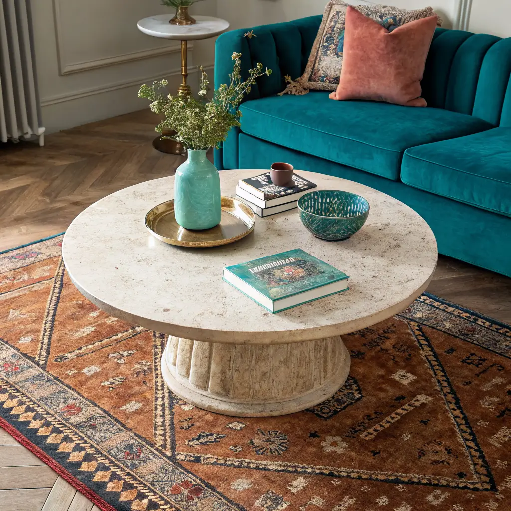 Overhead angled photo of a colorful living room: round travertine coffee table on a vintage Turkish rug with teal vase, art books, brass bowl, and teal catchall, beside an emerald sofa and warm brass floor lamp.