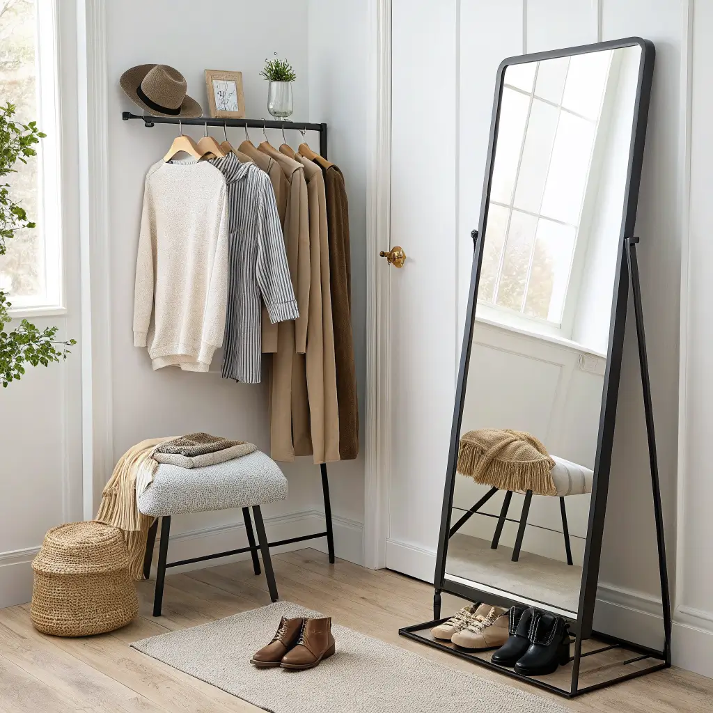 Corner vignette in a 4x5 walk-in closet with a leaning black-framed mirror, oak stool holding a folded camel sweater and gold bracelet, and a brass hook displaying a cream blouse and trousers in warm morning light.