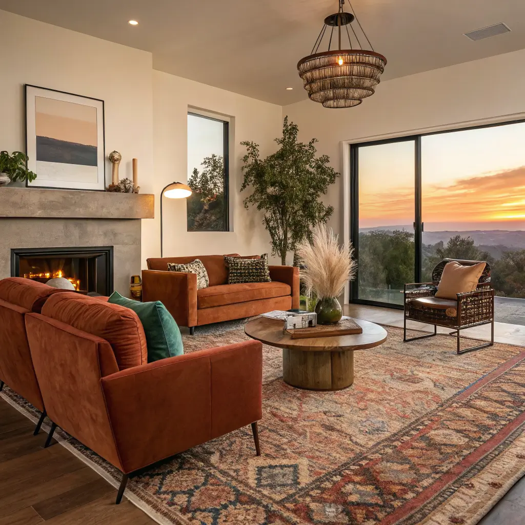 Photorealistic warm modern living room at sunset with a terracotta velvet sofa, cognac leather chairs, walnut round coffee table, amber-glowing linen curtains, and a teal-accented rug.