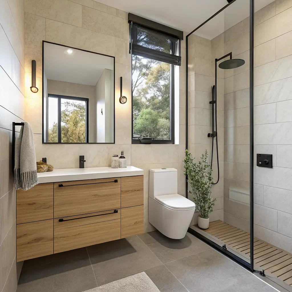 Photorealistic modern Japandi bathroom with pale oak floating vanity, wall-hung toilet, curbless glass shower, matte black fixtures, and soft sand porcelain floor in warm natural light.