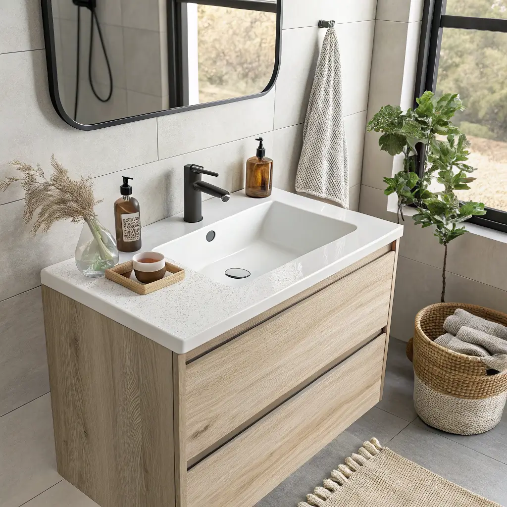 Photorealistic close-up of a modern small bathroom vanity with pale oak floating cabinet, white quartz sink, matte black wall faucet, travertine tray with amber soap dispenser, folded linen towel, and seagrass baskets beneath.