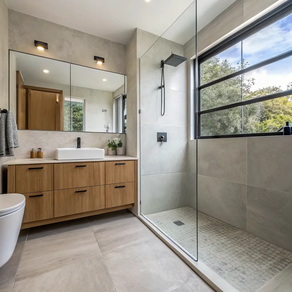 Photorealistic small modern bathroom with floor-to-ceiling concrete-look tile, curbless glass shower, pale oak floating vanity, and matte black rainfall shower under soft daylight.