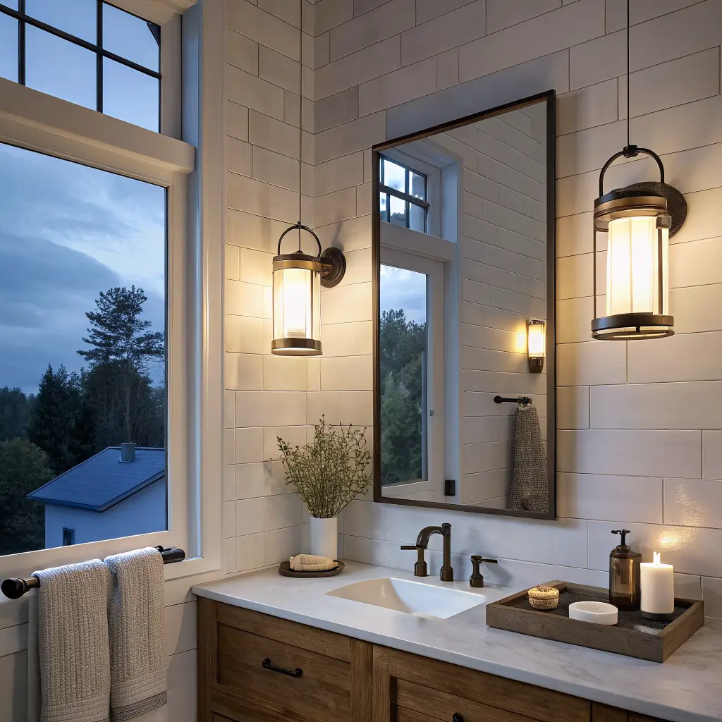 Photorealistic modern small bathroom with brass-and-black sconces flanking a frameless mirror, warm alabaster walls, pale oak floating vanity reflected, and a candle on the quartz counter in blue-hour evening light.