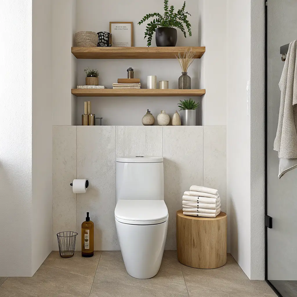 Photorealistic small modern bathroom storage wall with matte white wall-hung toilet, two pale oak floating shelves with jars, pothos, towels and amber bottle, and matte black hooks holding a sand linen robe on an alabaster wall.