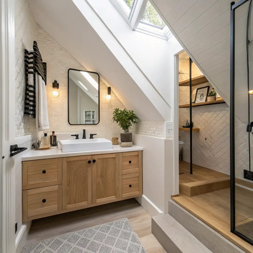 Photorealistic under-stairs modern bathroom with sloped warm-white ceiling, pale oak floating vanity, angled frameless mirror, glass-panel shower with sand tile, and skylight casting diagonal afternoon light.