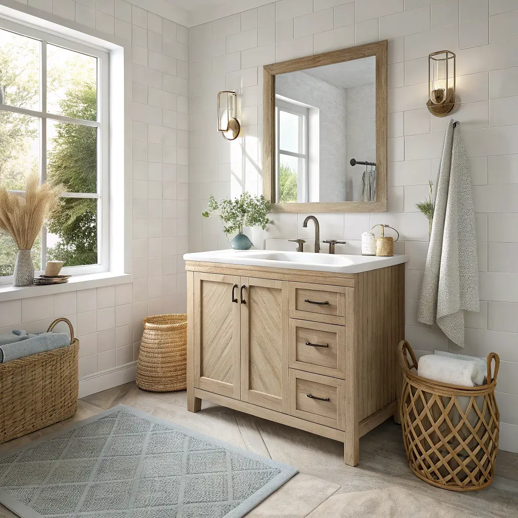 Photorealistic coastal-modern small bathroom with pale oak floating vanity, sand-toned porcelain floor, frameless glass shower, and muted blue towel in bright morning light.