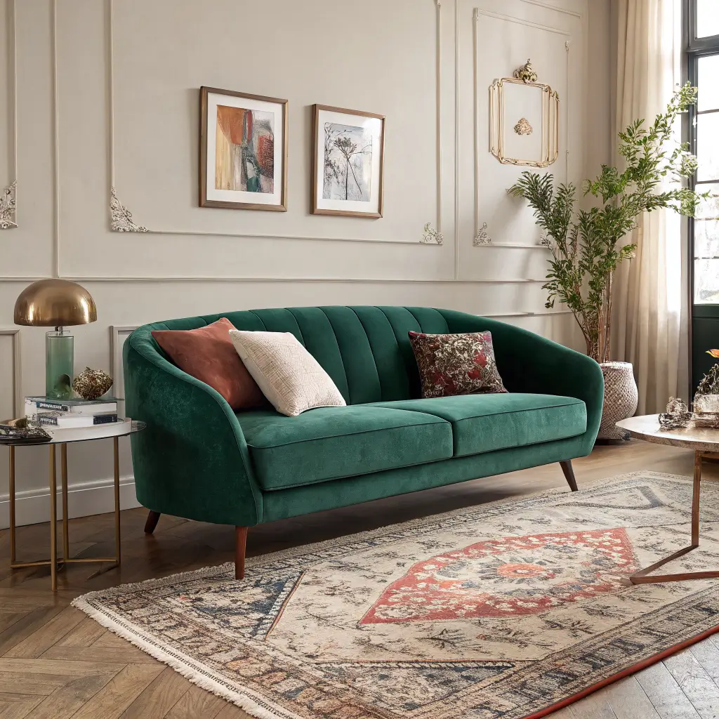 Photorealistic modern living room with an emerald curved velvet sofa paired with a 9x12 vintage cobalt-and-rust rug, tinted-glass round coffee table, brass arched lamp, oak floors, and bird of paradise plant.