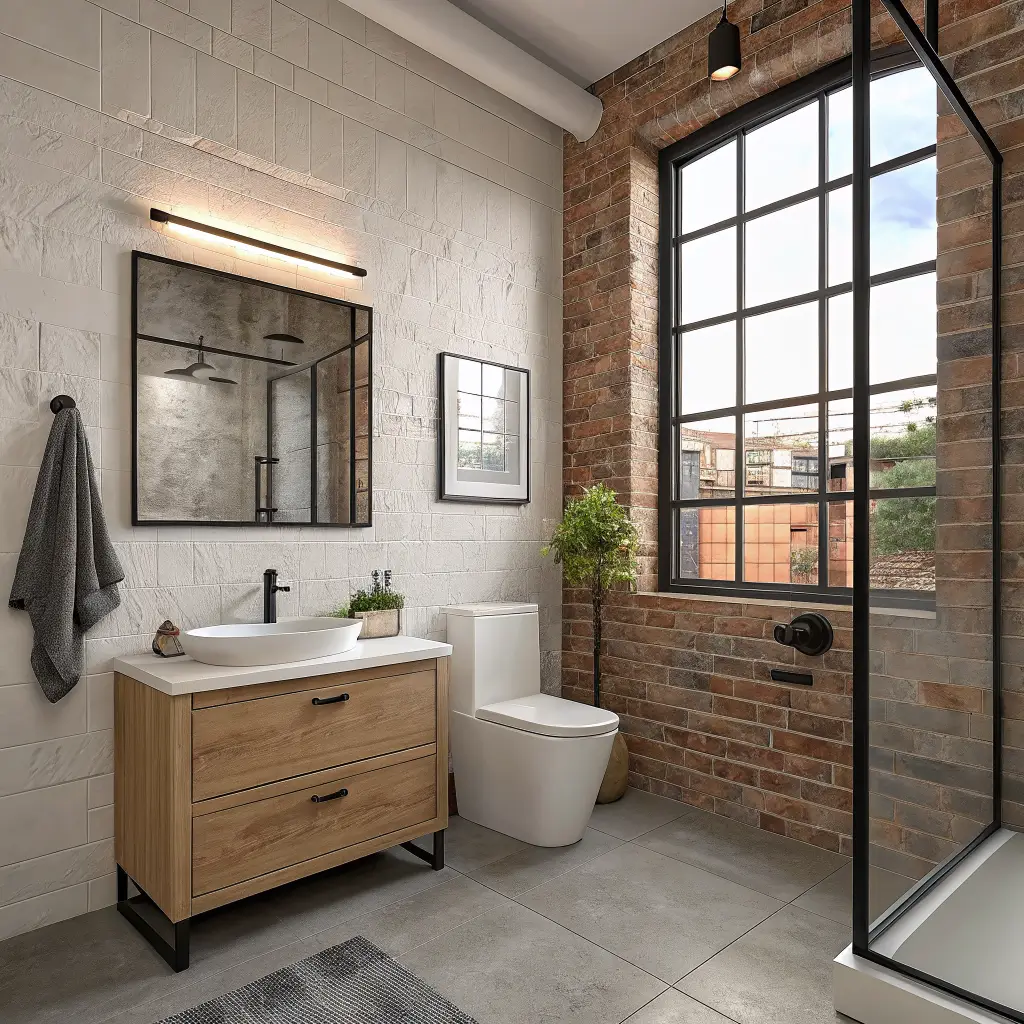 Photorealistic small modern industrial bathroom with pale oak floating vanity, matte black fixtures, warm white brick accent wall, greige walls, concrete-look tile shower, and moody afternoon window light.