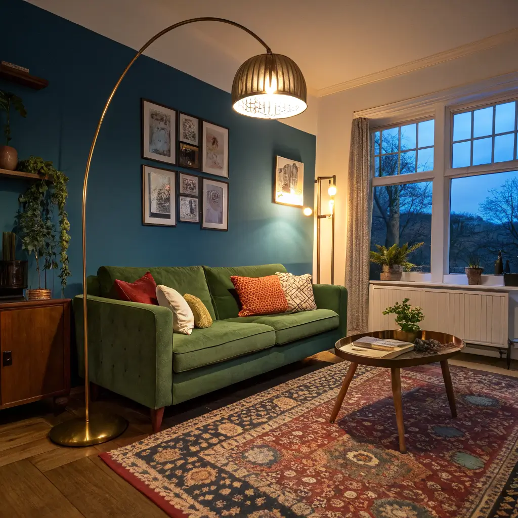 Photorealistic low-angle view of a modern colorful living room at dusk with warm layered lamps, emerald sofa, Turkish rug, travertine coffee table, and blue twilight windows.