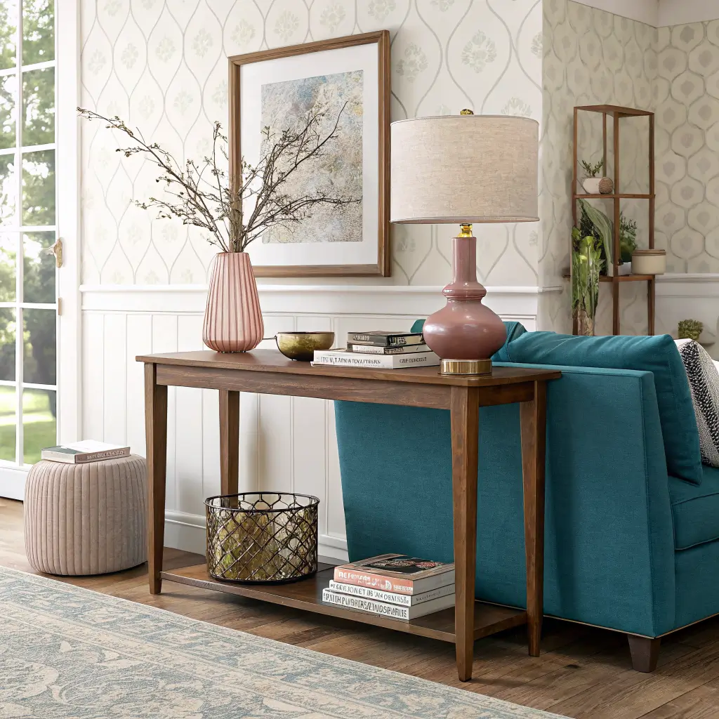 Photorealistic modern living room vignette with a walnut console behind an emerald velvet sofa, styled with a pink vase of dried branches, glowing rust lamp, brass bowl, and art books beneath an abstract print on a warm white patterned wall.