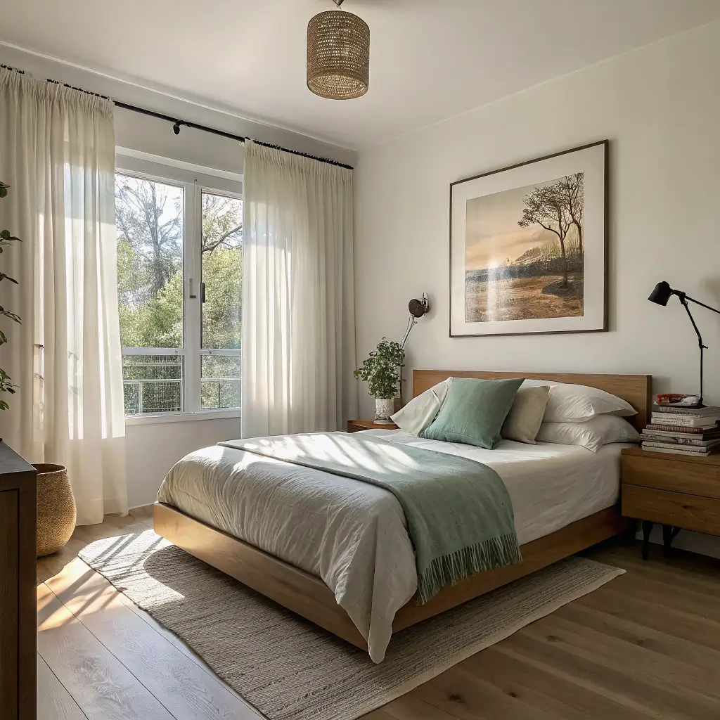 Golden-hour photo of a small Japandi bedroom with a low platform bed in off-white linen, sage pillow, abstract terracotta wall art, sheer curtains, pale oak floors, and a black floor lamp.