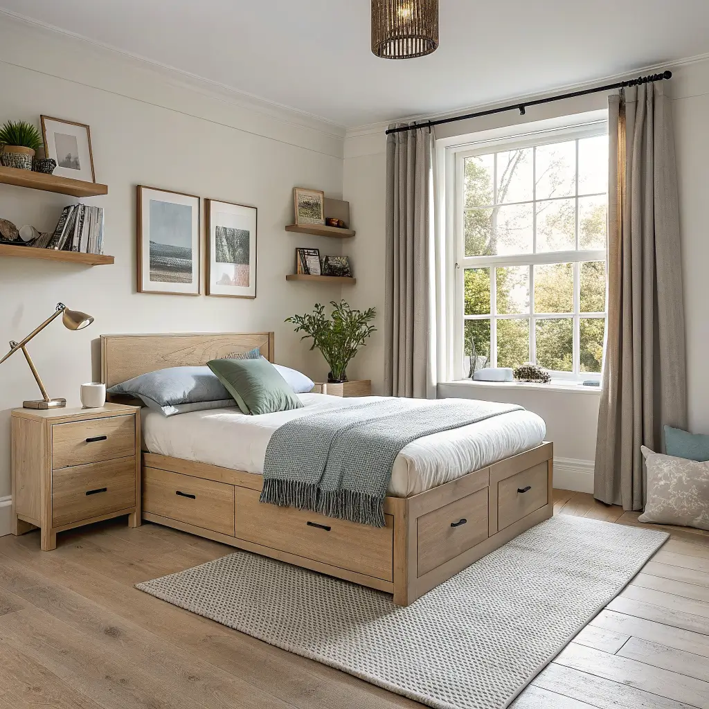 Photorealistic Scandinavian bedroom with pale oak storage bed, oatmeal linen bedding, white floating shelves with brass lamps, greige blackout curtains, wool rug, and an olive tree in bright late-morning light.