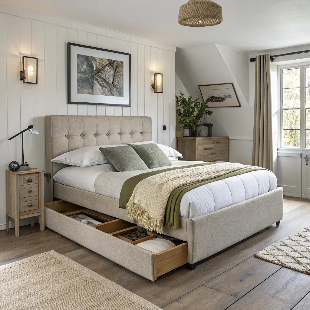 Photorealistic blue-hour Japandi bedroom with pale oak lift-up ottoman bed, oatmeal upholstered headboard, warm black sconces, white linen bedding, and abstract clay-toned art above.