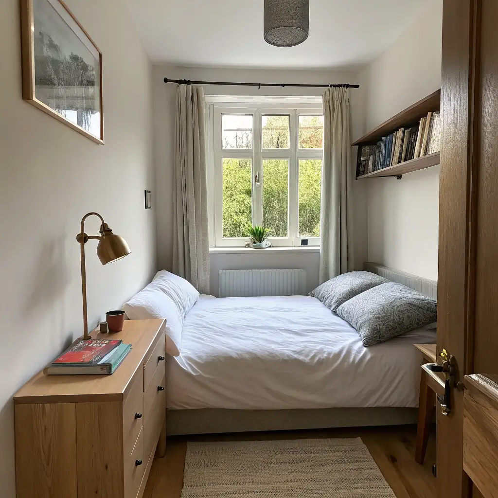 Narrow 7x10 bedroom with a compact double bed under a window, lamp and book on the sill, slim oak nightstand with water and matte black swing-arm sconce, off-white linen bedding with terracotta pillow, warm white walls and soft daylight.
