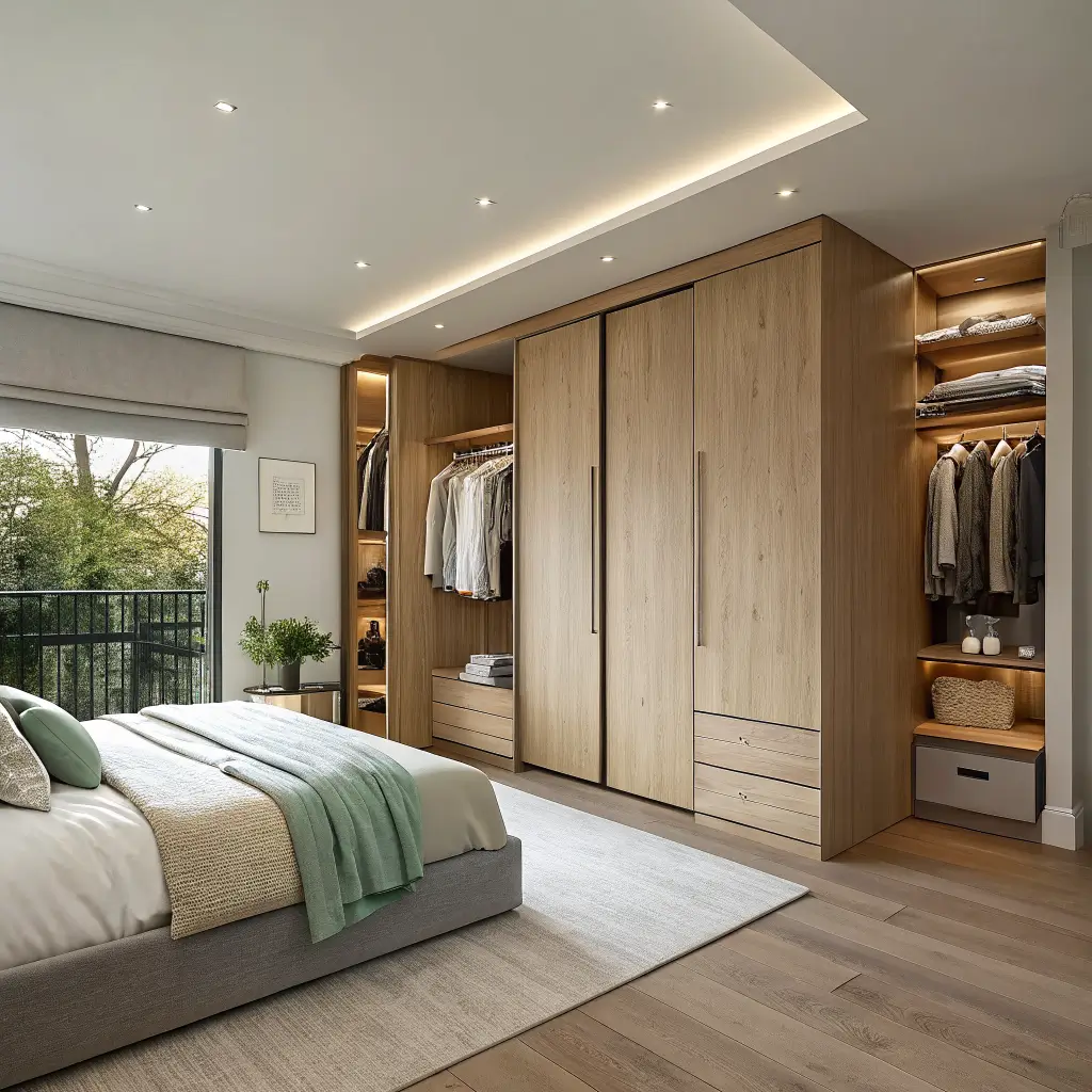 Late-afternoon photo of a 9x10 ft Japandi-Scandinavian bedroom with a floor-to-ceiling pale oak sliding-door wardrobe, low oatmeal linen platform bed with a sage cushion, and a small open clothing rail with storage boxes.