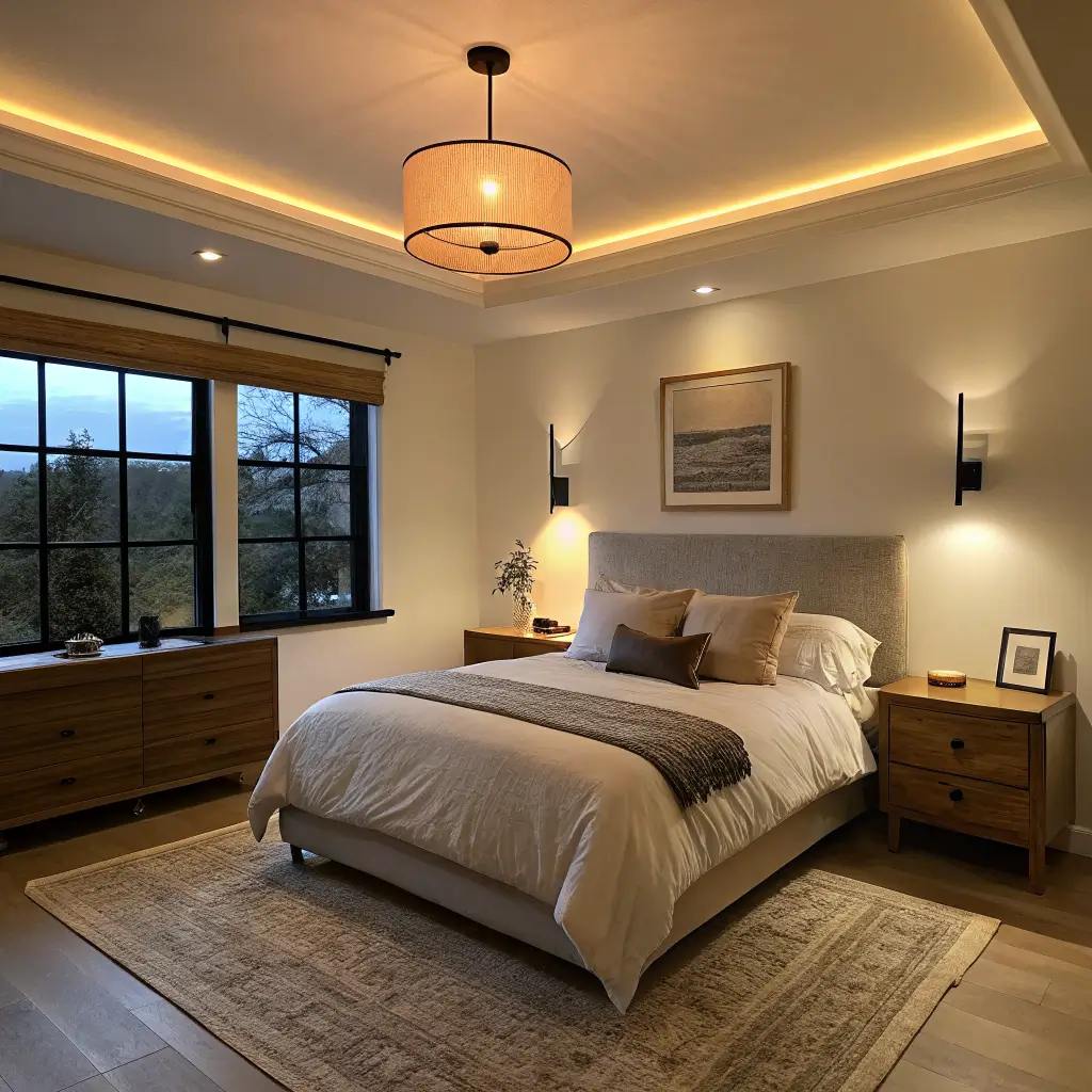 Nightfall photo of a small bedroom with layered warm lighting, matte black ceiling light and swing-arm sconces, LED halo behind oak headboard, and a ceramic lamp on an oak dresser.