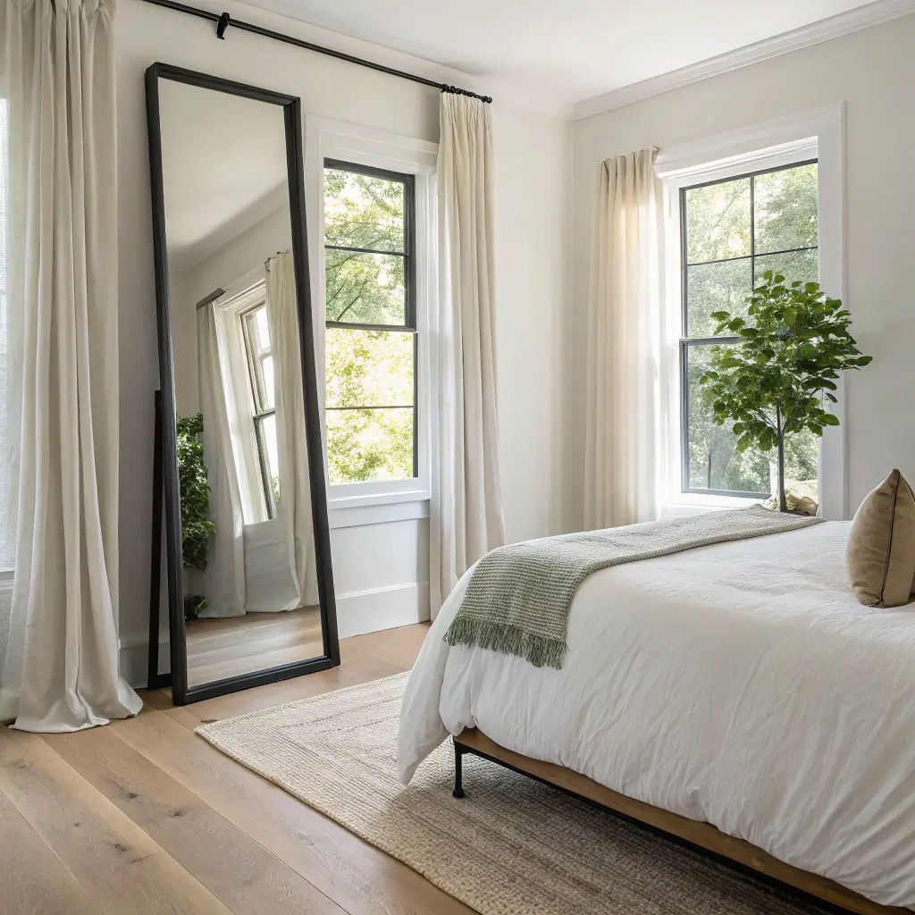 Bright, airy small bedroom with a leaning black-framed floor mirror reflecting daylight from a large window, sheer oatmeal curtains, pale oak bed with white linen and a sage pillow, and an olive tree in the corner.