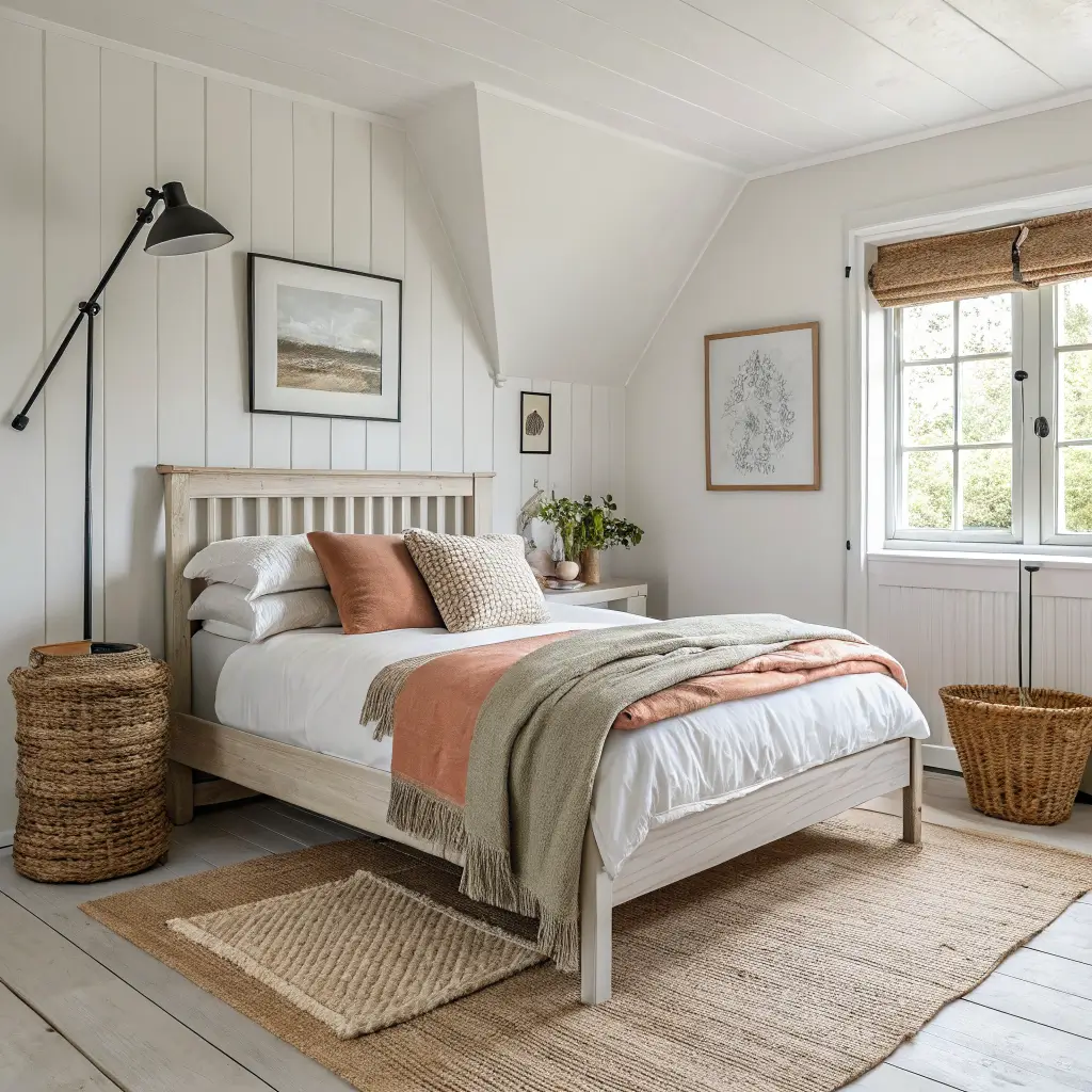 Soft midday photo of a small neutral bedroom with pale oak platform bed, oatmeal linen bedding, terracotta pillow, sage throw, black floor lamp, rattan basket, jute rug, and brass-framed abstract art on Wimborne White walls.