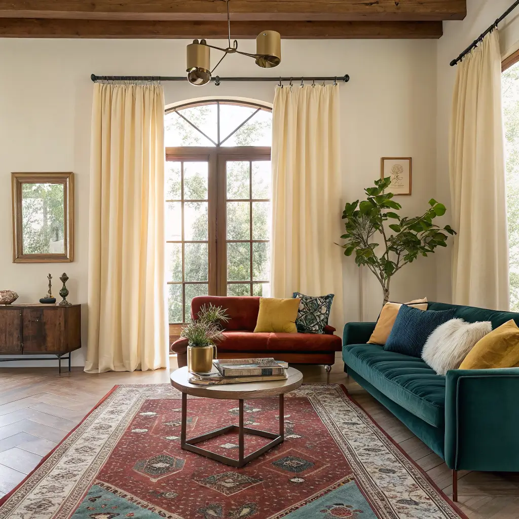 Photorealistic modern living room with warm cream linen curtains on a brass rod, morning light over a Turkish rug, emerald velvet sofa, walnut coffee table, cobalt chair, and olive tree.