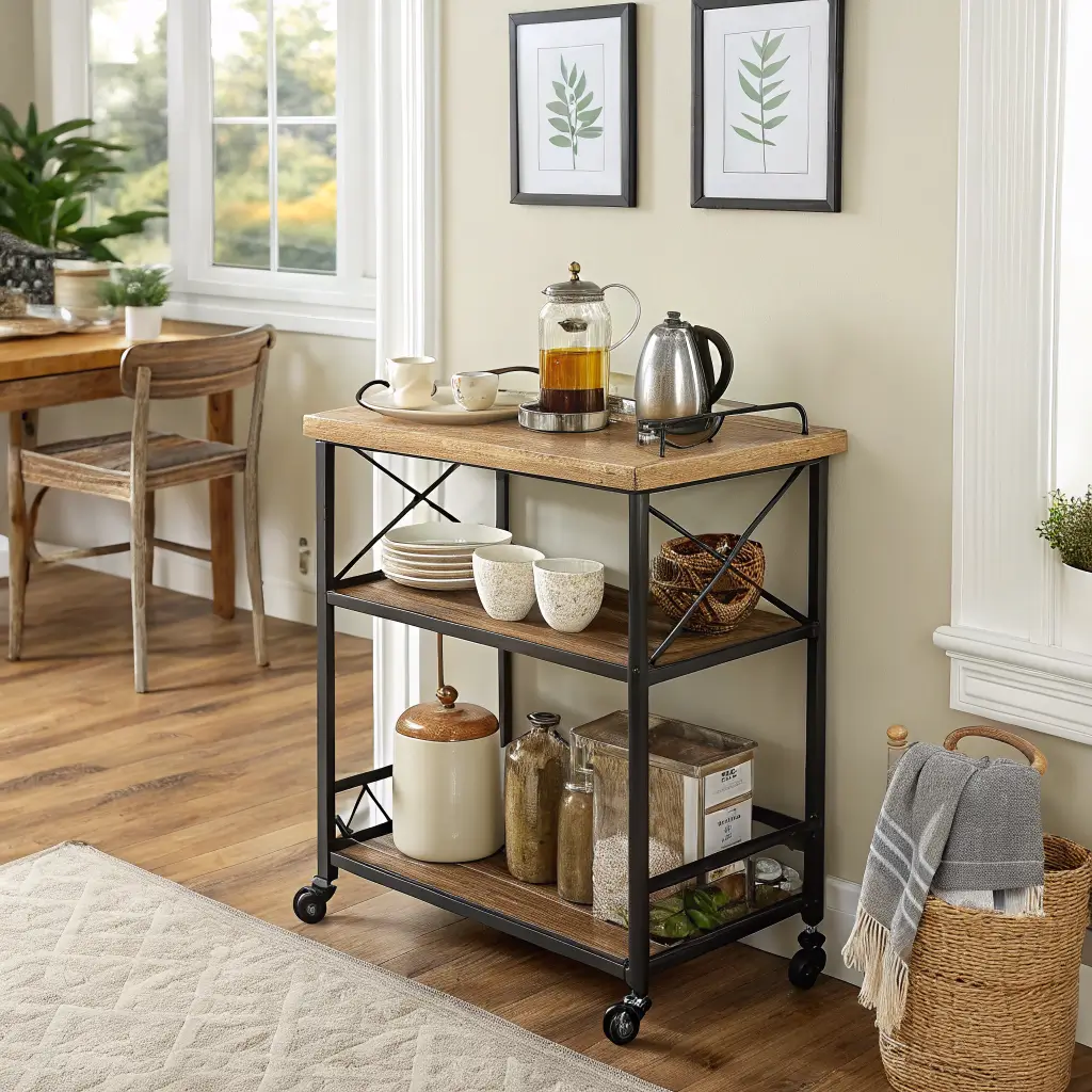 Photorealistic corner coffee station with a matte black and light oak bar cart, amber canisters and stoneware carafe, arched abstract print under a brass light, olive plant on a stool, and oak floors with an oatmeal runner.