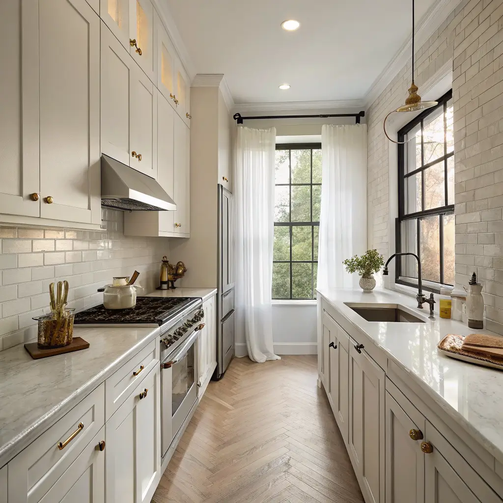 Photorealistic narrow pre-war Brooklyn galley kitchen with white floor-to-ceiling cabinets, butcher block counters, warm white subway tile, and a sunlit window casting soft morning light on pale oak floors.