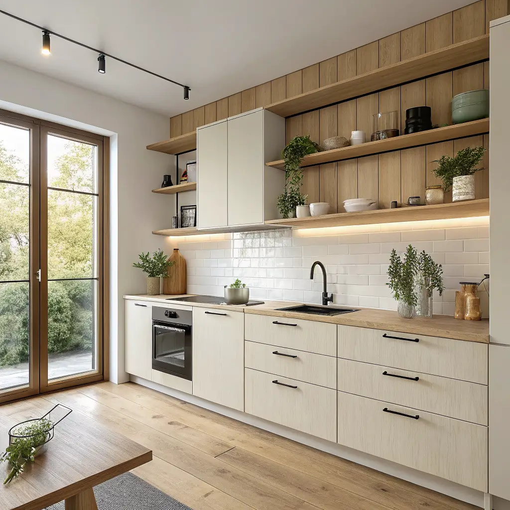 Straight-on view of a Scandi-Japandi one-wall studio kitchen with cream flat-front cabinets, pale oak floating shelves, bone-white quartz counter, warm white subway tile, matte black hardware, and a sage vase in warm late-afternoon light.