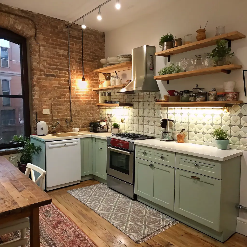 Photorealistic L-shaped loft kitchen with exposed brick painted Chantilly Lace, terracotta peel-and-stick backsplash, pale oak open shelves with ceramics, sage-and-cream runner, brass pendant, brushed nickel faucet, and cream IKEA RÃ…SKOG cart beside a counter-depth fridge in warm golden-hour light.