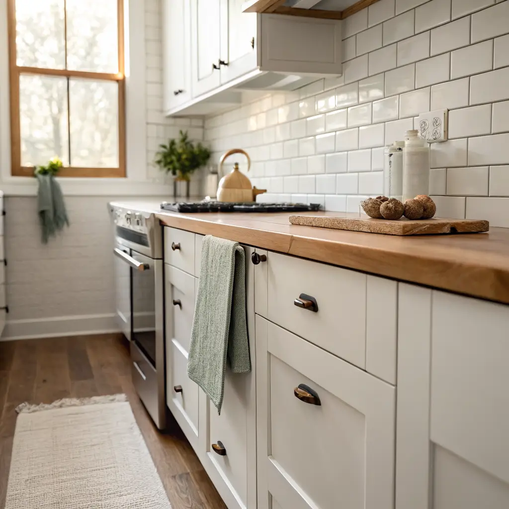 Close-up of a bright galley kitchen vignette with white cabinets, honey oak butcher block, warm white subway tile, and a terracotta ramekin of flaky salt in soft window light.