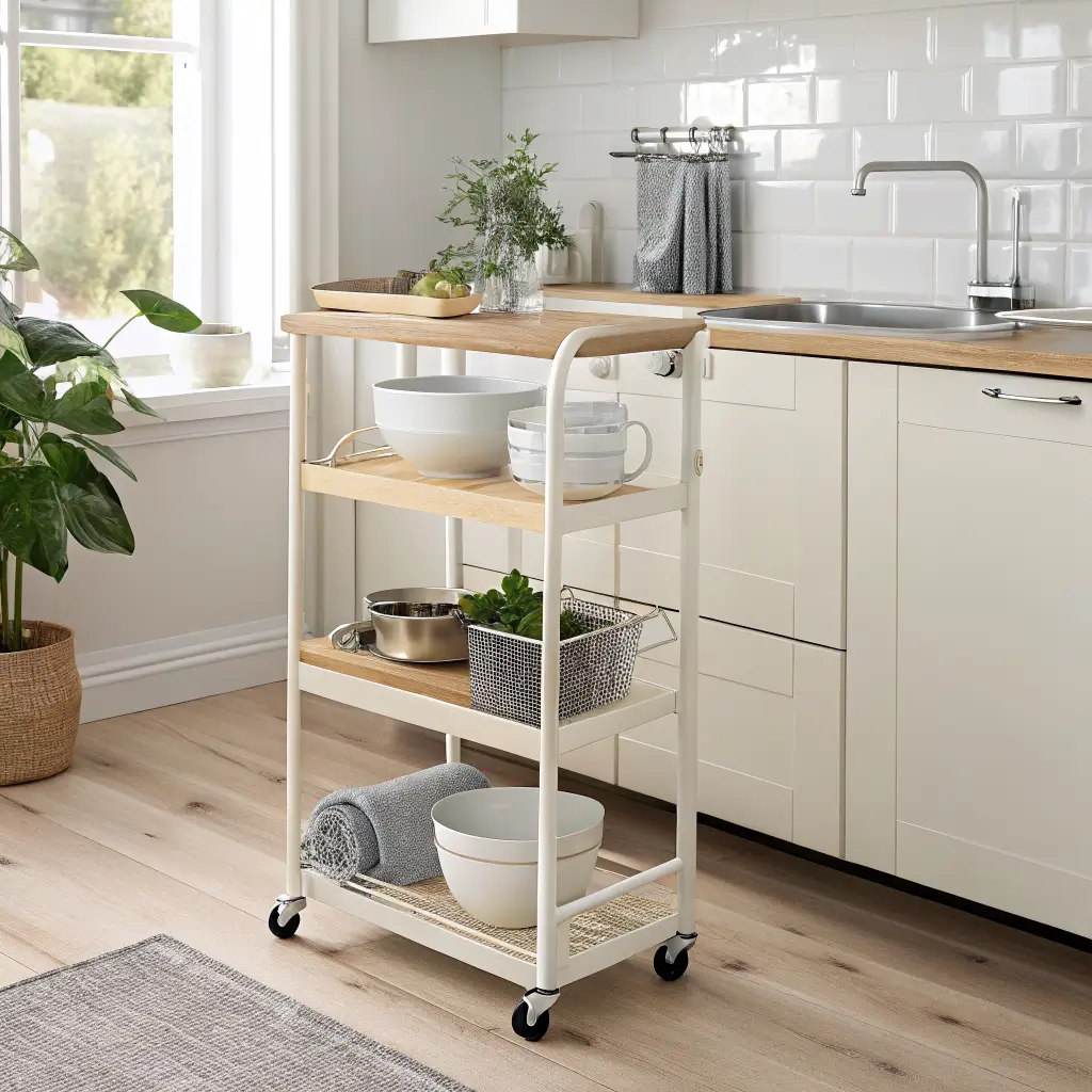 Photorealistic three-quarter view of a cream metal rolling kitchen cart with pale oak top in a bright galley kitchen, holding white mixing bowls, a basil plant, and a sage towel under soft daylight and warm cabinet lighting.