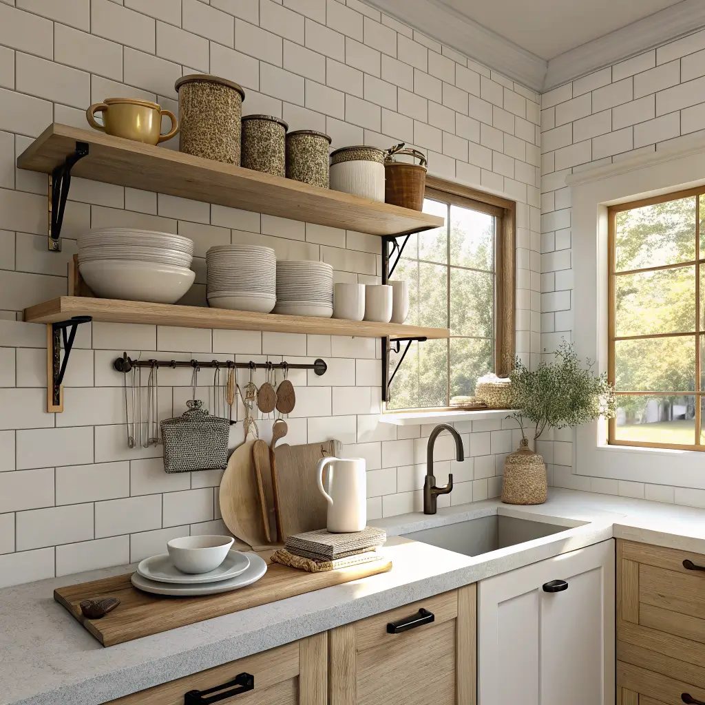 Photorealistic tiny kitchen shelves with neatly spaced cream stoneware plates, matching mugs, a sage pitcher, knife strip, and brass utensil rail in soft daylight with warm under-shelf lighting.