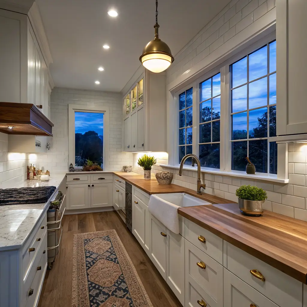 Photorealistic galley kitchen at blue hour with white cabinets to 9-foot ceiling, warm under-cabinet LEDs on butcher block, brass globe pendant over farmhouse sink, subtle hood light, warm-white subway tile, and a sage herb on the windowsill, viewed down the hallway.
