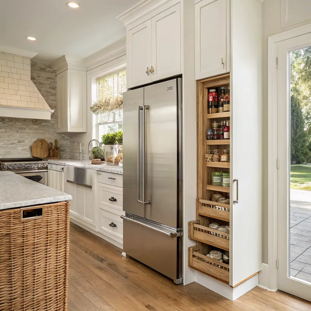 Straight-on view of a flush counter-depth stainless steel fridge in a galley kitchen, with Chantilly Lace cabinets, a partially pulled-out spice pantry, and warm daylight with under-cabinet lighting.