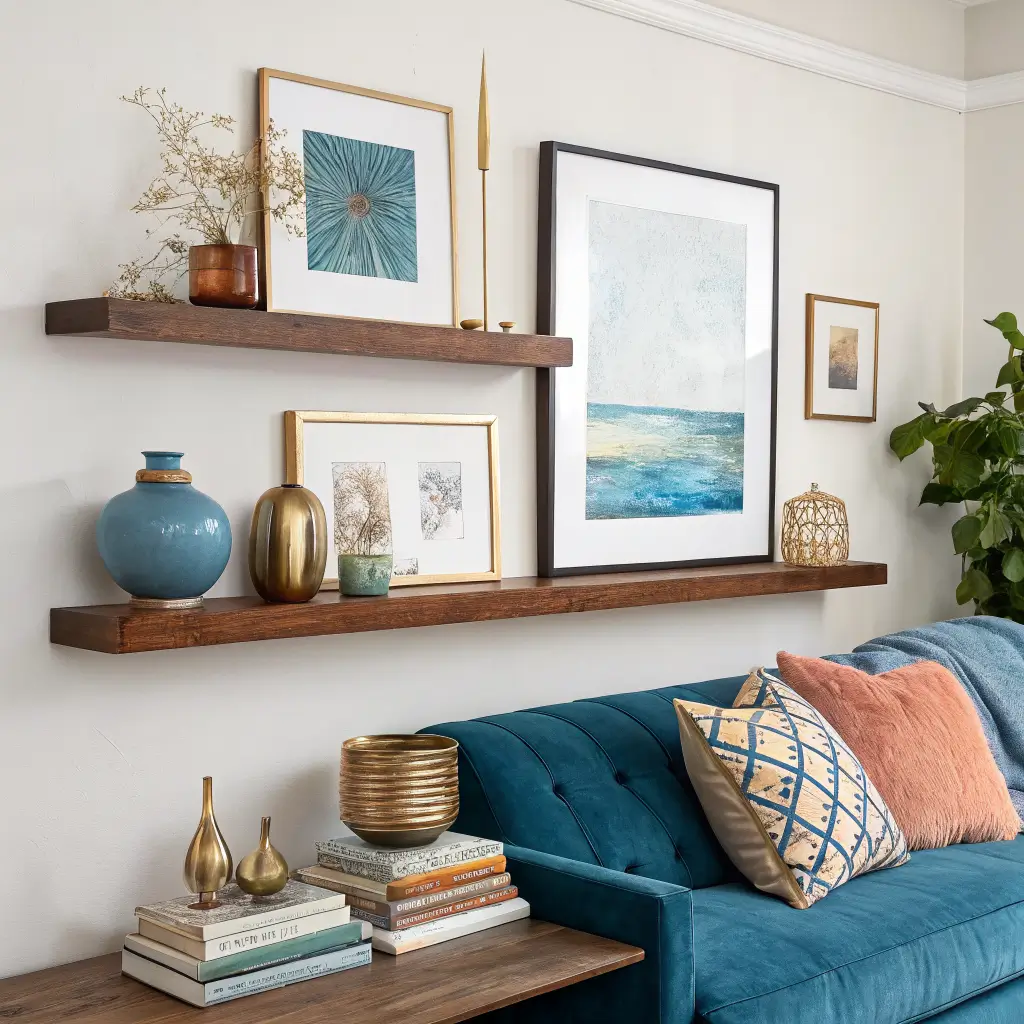 Styled modern living room gallery wall with brass-framed abstract prints above a walnut floating shelf of curated objects, with an emerald velvet sofa edge and soft afternoon light.