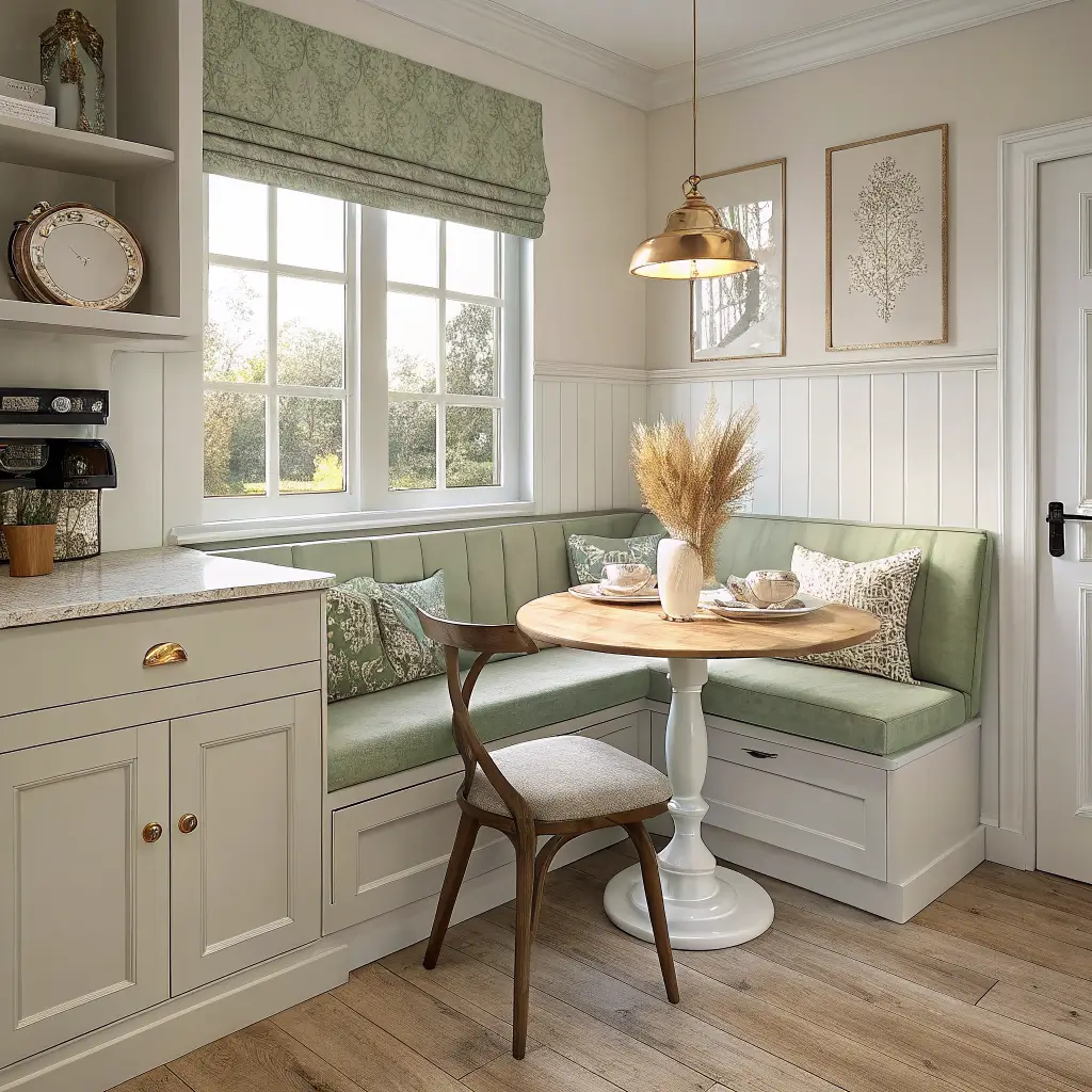 Photorealistic tiny kitchen nook with sage upholstered corner banquette, pale oak round table, brass pendant, white ceiling-high cabinets, and morning light casting warm shadows.