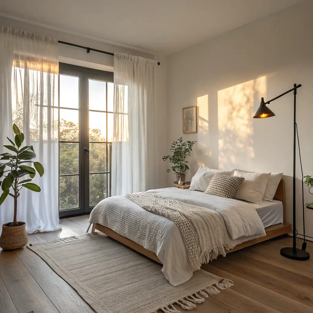 Photorealistic minimal 9m² bedroom at golden hour with oak floors, low slatted oak bed in white textured bedding and cream knit throw, black metal floor lamp, sheer linen curtains, snake plant, and leaning full-length mirror.